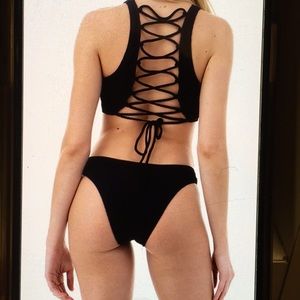 New Luxe Ribbed Tank Top Bikini Set Black Lace up
